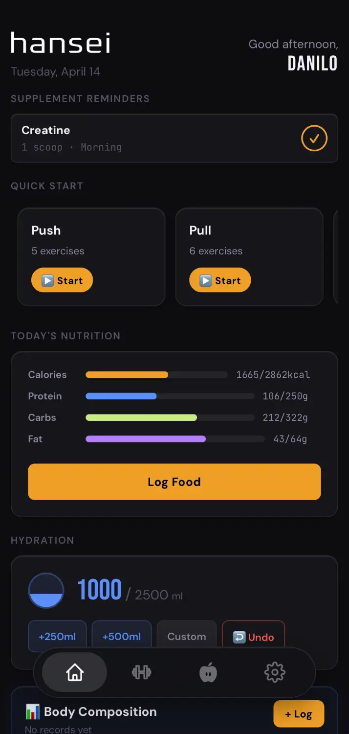 Hansei nutrition and dashboard screen