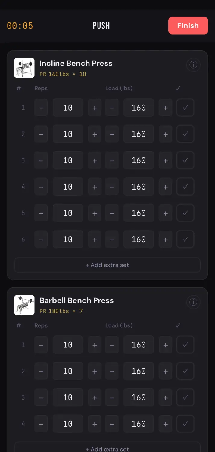 Hansei workout tracking screen